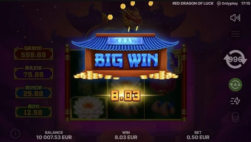 Red Dragon of Luck - pangunahing screen na may 3x3 grid at pulang dragon